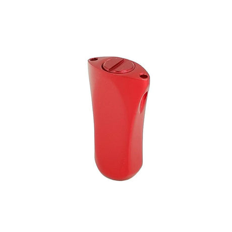 Ein kompakter, glänzend roter RL-Angelrollentuning-Aluminiumknopf 21 mm (flach, universelle Passform) steht aufrecht vor einem weißen Hintergrund und verfügt über eine abgerundete Oberseite und ein Zifferblatt auf der Oberseite, das an eine Baitcaster-Rolle erinnert.