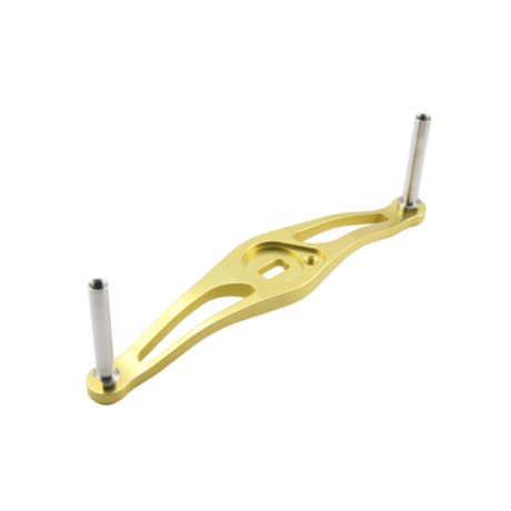 Eine goldene Avail-Metallhalterung mit zentraler Aussparung und zwei silbernen Pfosten, entwickelt für Angler. Er ist auf weißem Hintergrund abgebildet und mit dem Avail Offset Handle STi2 für Shimano 95/100/105mm kompatibel.