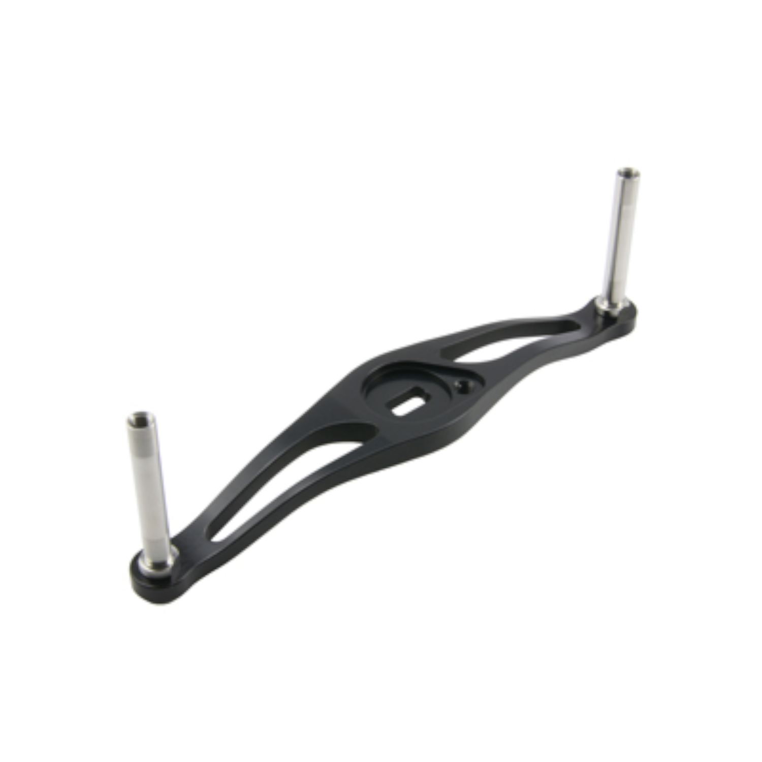 Der Avail Offset Handle STi2 für Shimano 95/100/105mm in Schwarz verfügt über eine schwarze Metallhalterung mit zwei Langlöchern und zwei aufrechten silbernen Zylinderstäben - perfekt für Angler, die ein zuverlässiges Upgrade wünschen.