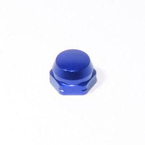 Eine kleine, leuchtend blaue Avail Shimano Handle Locknut M7 für Original Shimano Kurbeln ist auf einem schlichten weißen Hintergrund platziert.