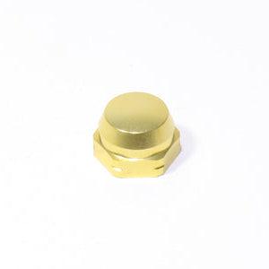 Eine goldene Avail Shimano Griffmutter M7 für Original Shimano Kurbeln, sechseckig mit einer glatten, flachen Oberseite, hergestellt aus haltbarem Aluminium A2017, abgebildet auf einem schlichten weißen Hintergrund.