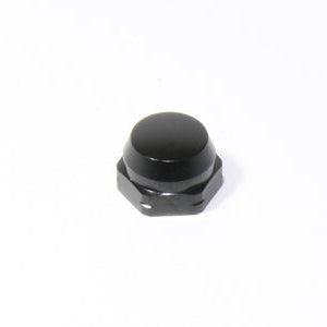 Eine kleine, schwarze Avail Shimano Griffmutter M7 (Schwarz) für original Shimano Kurbeln ist auf einem einfarbig weißen Hintergrund abgebildet.