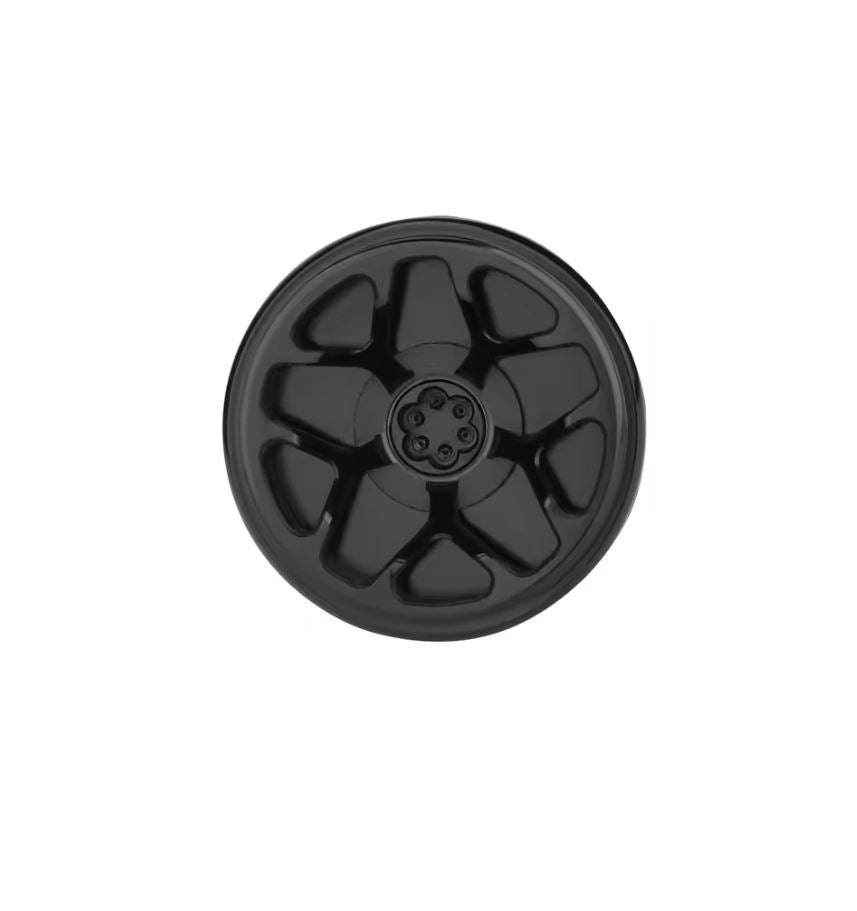 Ein schwarzer Gomexus 30-mm-TPE-L-Knauf mit kreisfΓΆrmigem FΓΌnfspeichen-Design und zentraler Nabe mit TPE-Power-Knauf-Details ist von oben vor einem weiΓen Hintergrund zu sehen.