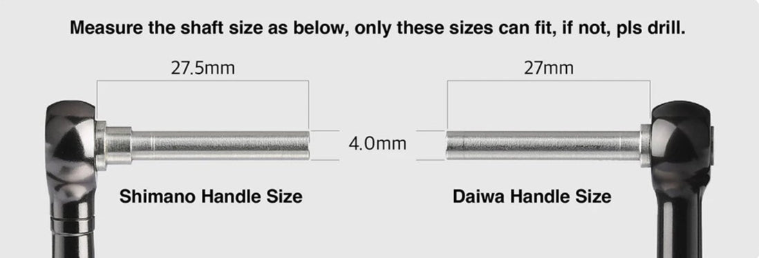 Das Diagramm zeigt zwei Angelrollengriffe: links Shimano mit 27,5 mm x 4,0 mm Schaft, rechts Daiwa mit 27 mm x 4,0 mm Schaft - beide perfekt fΓΌr die AufrΓΌstung mit dem Gomexus 30 mm TPE-L Knopf von Gomexus.