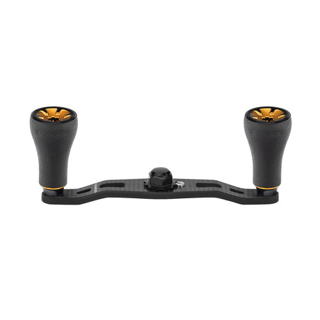 Der Gomexus 95mm Carbon Handle mit P20 Knobs, in Gold, verfügt über zwei strukturierte P20 Knobs aus umweltfreundlichem TPE-Material und ist auf einer Carbonbasis montiert, die auf weißem Hintergrund abgebildet ist.