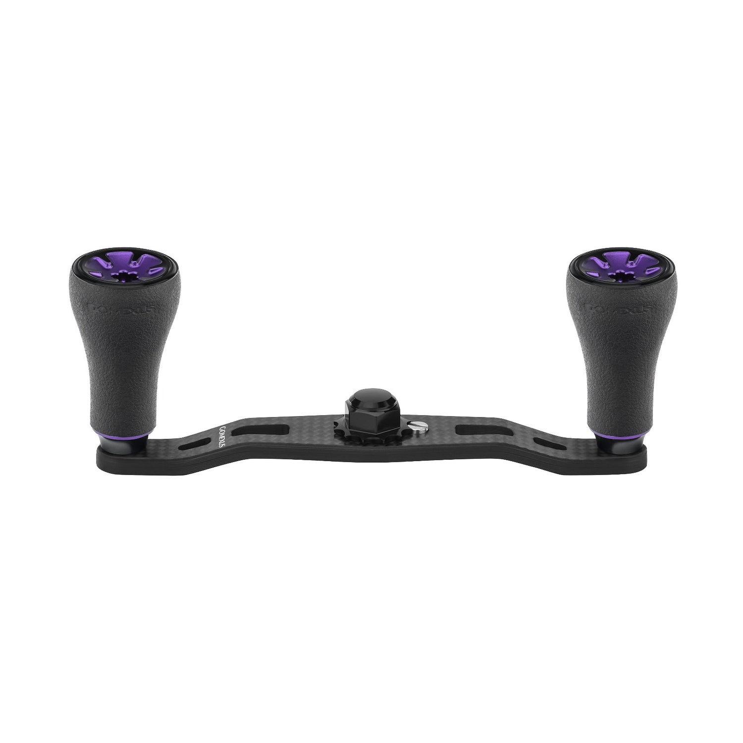 Der Gomexus 95mm Carbon Handle mit P20 Knobs von Gomexus verfügt über einen schwarzen Kohlefaserarm und zwei strukturierte schwarze P20 Knobs mit metallischen lila Akzenten (Farbe: Lila), die für eine einfache Befestigung an Ihrer Angelrolle konzipiert sind.