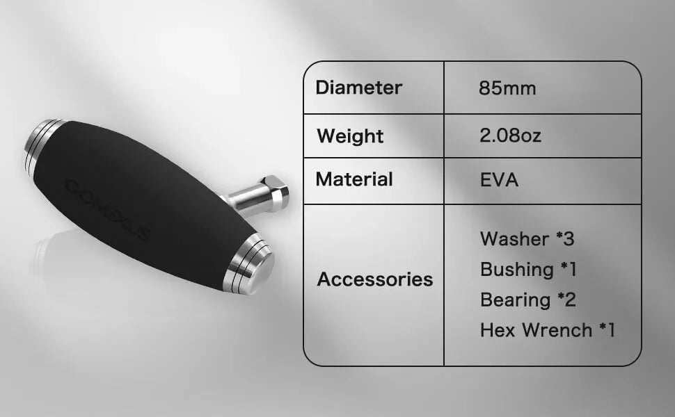 Abgebildet ist der 95 mm lange Gomexus-Aluminiumgriff mit einem 85 mm groΓen schwarzen EVA-T-Bar-Knopf (8 x 5 mm) mit Metallenden. Zu den Spezifikationen gehΓΆren 2,08 oz Gewicht, Material EVA und ZubehΓΆr: Unterlegscheiben, Buchsen, Lager und ein InbusschlΓΌssel.
