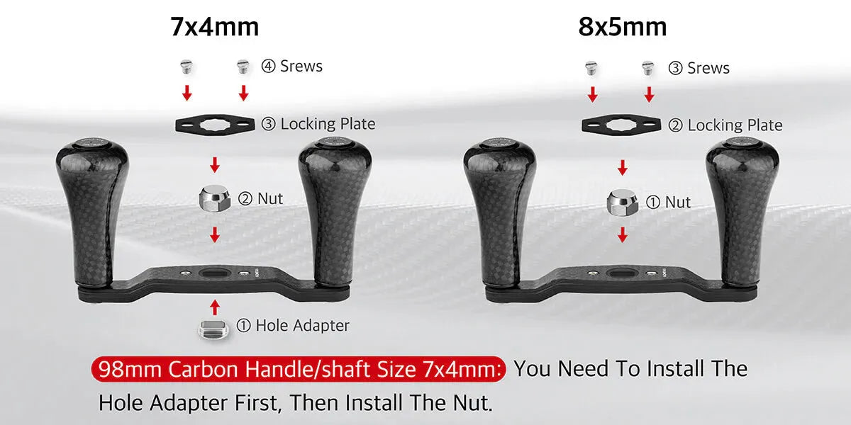 Das Diagramm vergleicht die Montage des Gomexus Carbon 98 mm Griffs mit 30 mm Carbonknöpfen (7 x 4 mm vs. 8 x 5 mm) mit Schrauben, Sicherungsplatten, Muttern und Lochadaptern. Für 7 x 4 mm wird vor der Montage der Muttern ein Lochadapter benötigt.