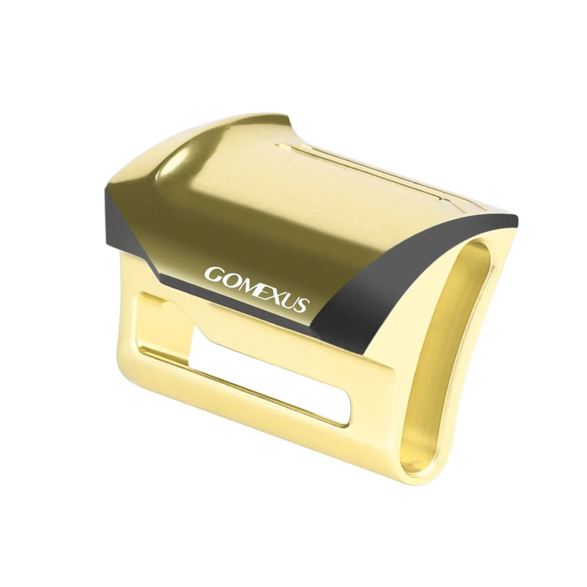 Die gold-schwarze Gomexus-Kupplung wurde für Calcutta Conquest 21-22 und Calcutta Conquest 23 BFS Baitcaster entwickelt. Sie verfügt über eine rechteckige Öffnung mit glatten, abgerundeten Kanten - ideal zum Einstellen oder Aufrüsten der Rolle. Abgebildet auf weißem Hintergrund.