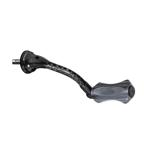 Der Gomexus CraftFin-35 Carbon Handle, ein metallischer und schwarzer 35mm Carbonhebel mit 18mm Knauf, bietet einen ergonomischen Griff und ein leichtes Design - perfekt für Ultralight-Fans, die Top-Qualität bei Stationärrollenzubehör suchen. Abgebildet auf weiß.