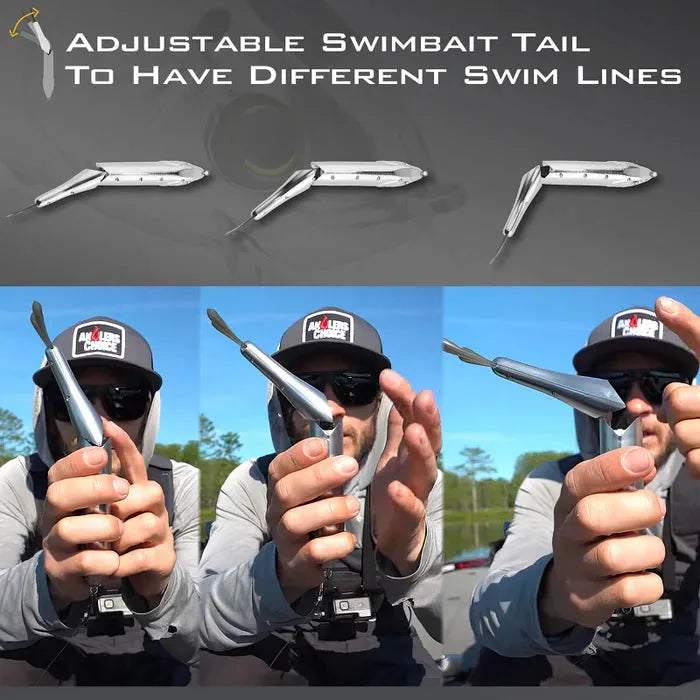 Eine Person hält den Gomexus Cyberbait 240 Swimbait und zeigt seinen in drei Positionen verstellbaren Schwanz. Ein Diagramm oben zeigt die X-Stretch-Technologie des Köders für flexible Schwimmleinen. Marke: Gomexus.
