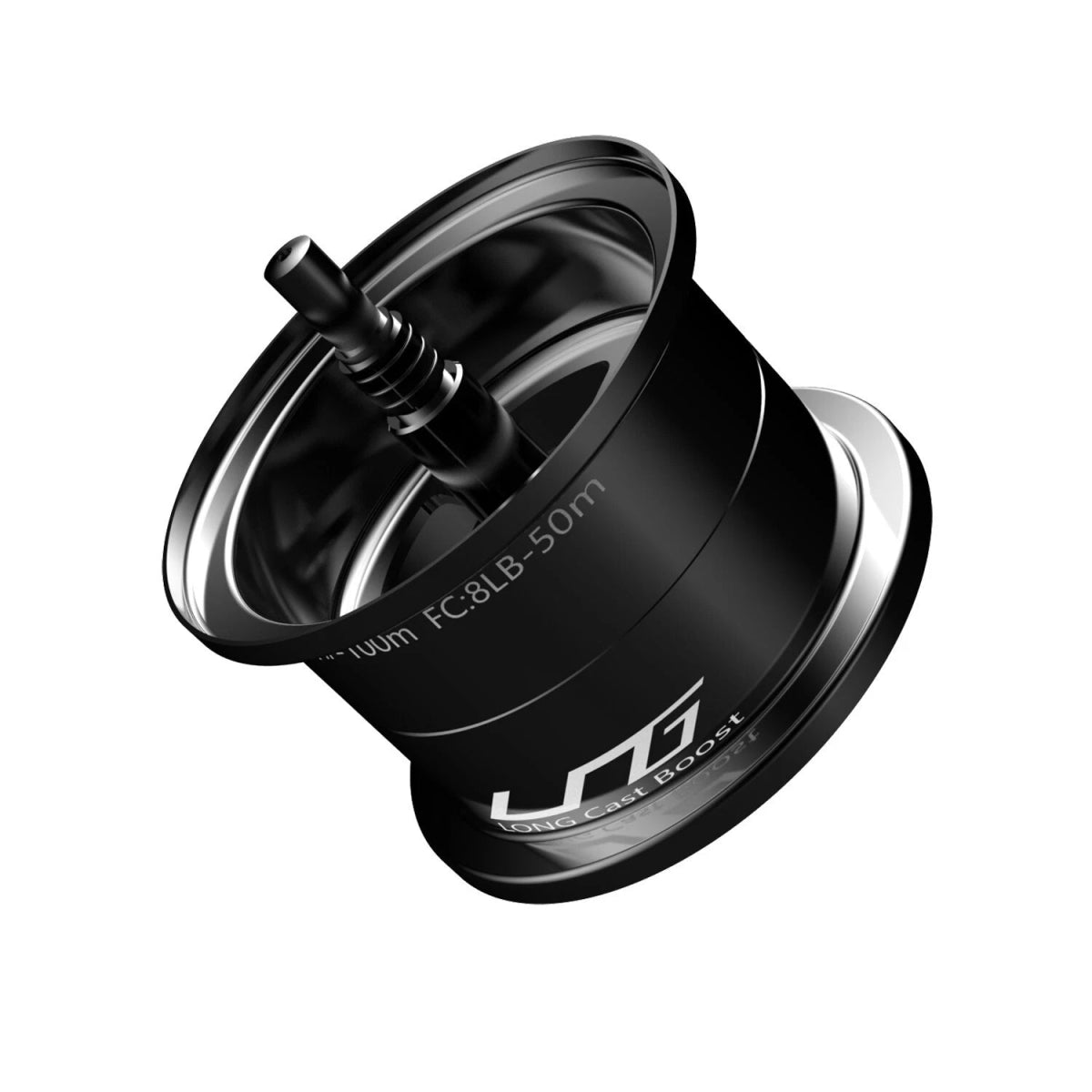 Eine schwarze zylindrische Gomexus Flat Spool fΓΌr Shimano 20 & 22 Metanium Rollen, aus Aluminium mit FC:8LB-50m Markierung und Logic Cast Boost, entwickelt fΓΌr BFS Tuning, isoliert auf weiΓem Hintergrund dargestellt.