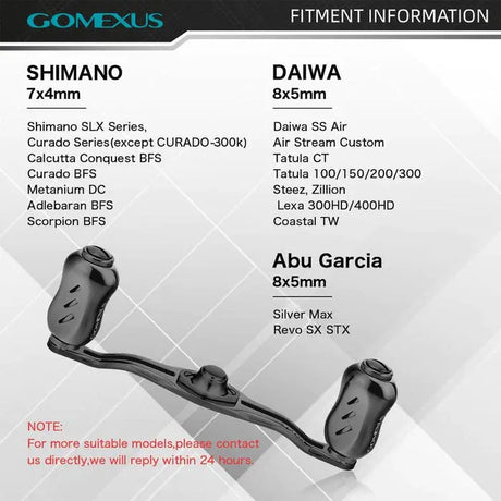 Unter den Kompatibilitätsinformationen finden Sie den Gomexus Kage Titangriff mit 22 mm Titanknöpfen (7 x 4 mm), perfekt für BFS Angler. Informationen zur Kompatibilität mit Shimano-, Daiwa- und Abu Garcia-Rollen sowie Fragen finden Sie in den detaillierten Hinweisen.