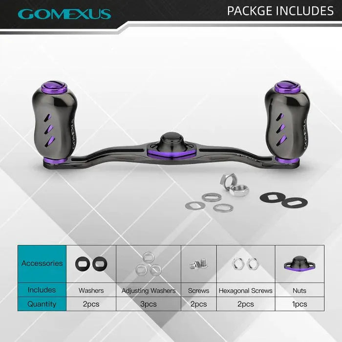 Der Gomexus Kage Titangriff mit 22 mm Titanknöpfen (7x4mm) von Gomexus ist in Lila abgebildet und wird mit dem mitgelieferten Zubehör geliefert: 2 Unterlegscheiben, 3 Passscheiben, 2 Schrauben, 2 Sechskantschrauben und 1 Mutter. Mengenangaben sind in einer Tabelle dargestellt.