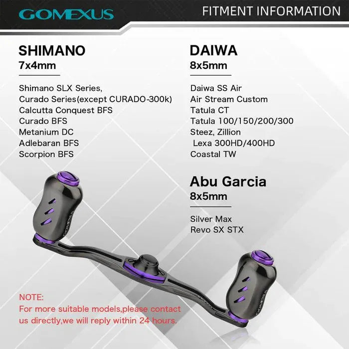 Ein schwarz-violetter Gomexus Kage Titangriff mit 22 mm Titanknöpfen (8 x 5 mm) ist unter einer Tabelle mit kompatiblen Angelrollen von Shimano (7 x 4 mm), Daiwa (8 x 5 mm) und Abu Garcia (8 x 5 mm) mit spezifischen Modellen für jede Marke abgebildet.