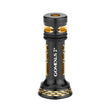 Der Gomexus Reel Stand R2 ist ein schwarz-goldener zylindrischer Angelrollen-Schutzständer aus Metall für Stationärrollen mit Aussparungen und gemusterter Basis – stilvoll fotografiert vor weißem Hintergrund.