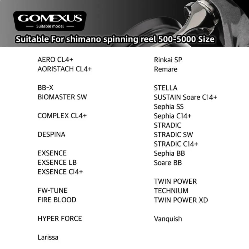 Entdecken Sie kompatible Shimano Angelrollen für Gomexus Schnurlaufröllchen, wie AERO CL4+, BB-X, COMPLEX CL4+ & EXSENCE. Infos zu Titan-Linienroller und Wetterbeständigkeit auf schwarz-weißem Hintergrund. Marke: Gomexus.