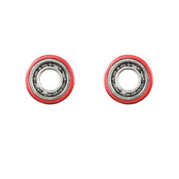 Zwei rote und silberne Kugellager aus dem Hedgehog Studio „Kattobi“ Tuning Kit Kugellager für Shimano 730 & 730 Air BFS werden nebeneinander auf weißem Hintergrund angezeigt.