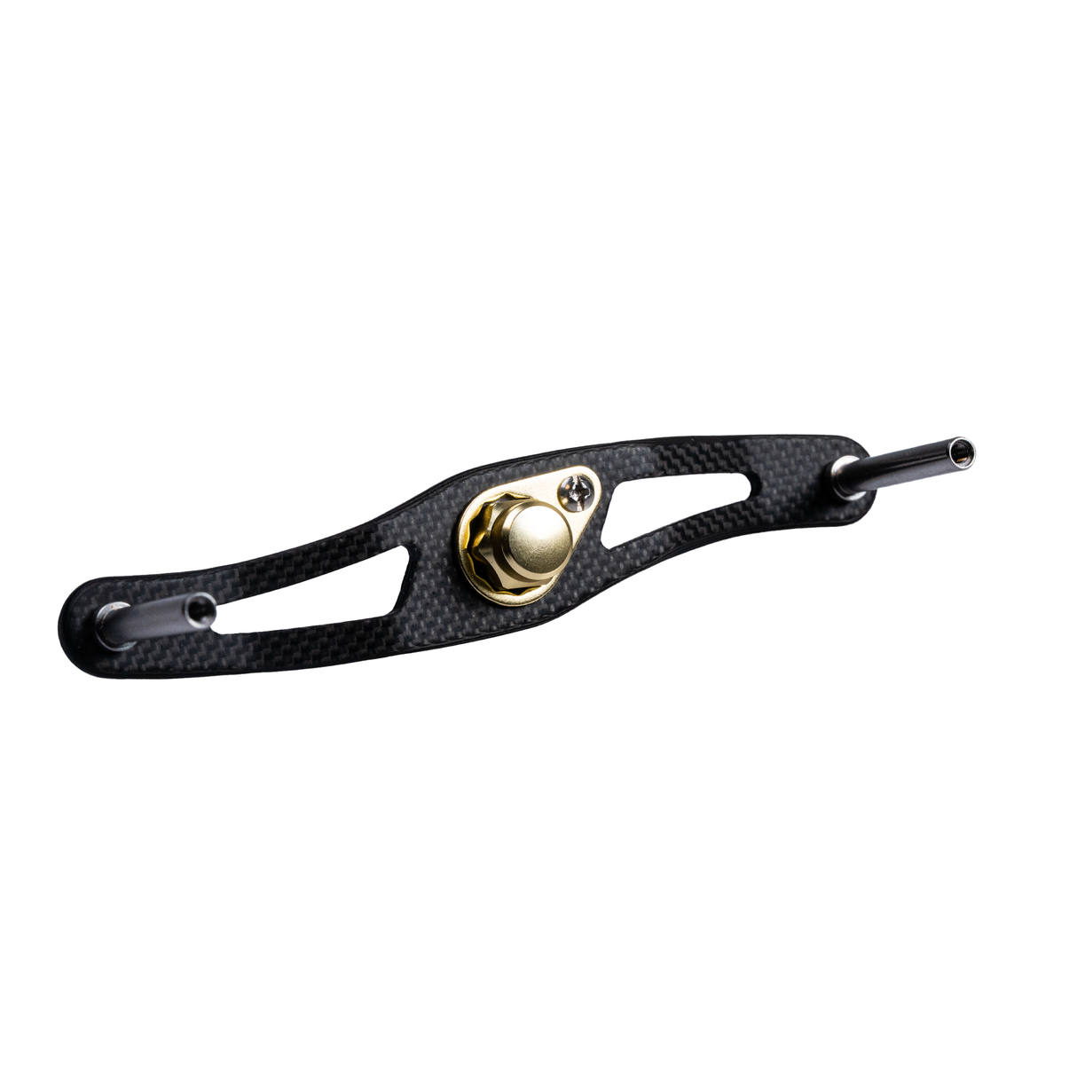 Der RL-TNG DRG 95 Carbon Handle | Baitcaster-Kurbel von RL-TNG verfügt über einen goldenen Mittelknopf, eine schlanke Kohlefaserkonstruktion, zwei Metallstangen und ein strukturiertes ultraleichtes Design – hier auf weißem Hintergrund dargestellt.