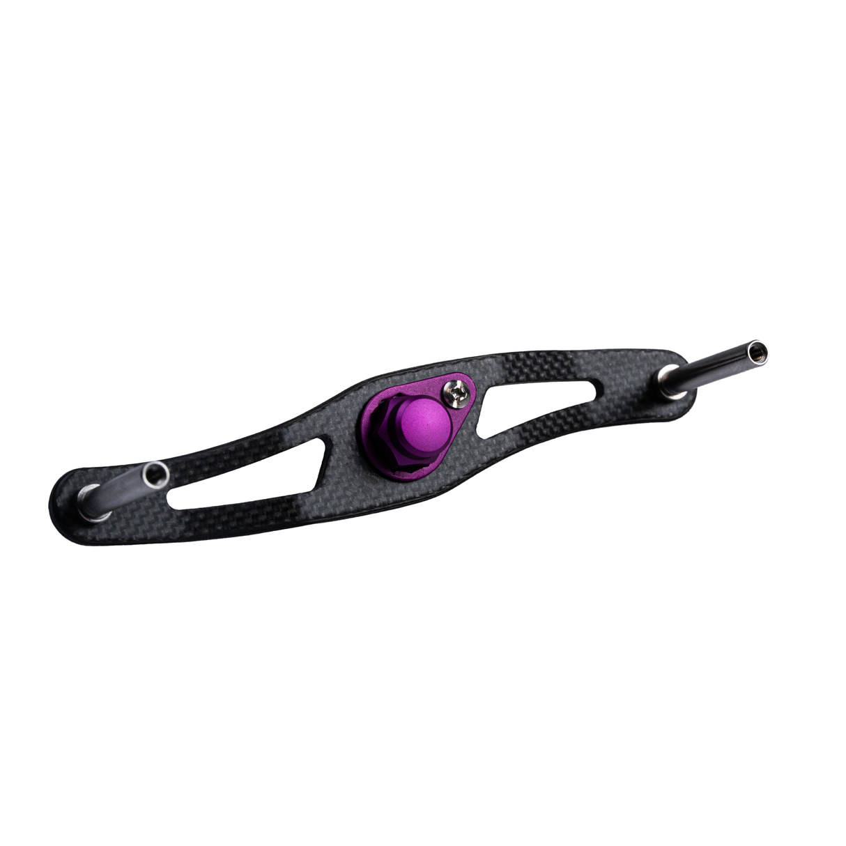 Der RL-TNG DRG 95 Carbon Handle | Baitcaster-Kurbel von RL-TNG verfügt über eine Carbonfaserhalterung, zwei Langlöcher, eine zentrale lila Sechskantschraube, eine kleine Schraube und zwei Metallstangen – ultraleicht und perfekt für Leistungssteigerungen. Isoliert auf weißem Hintergrund.