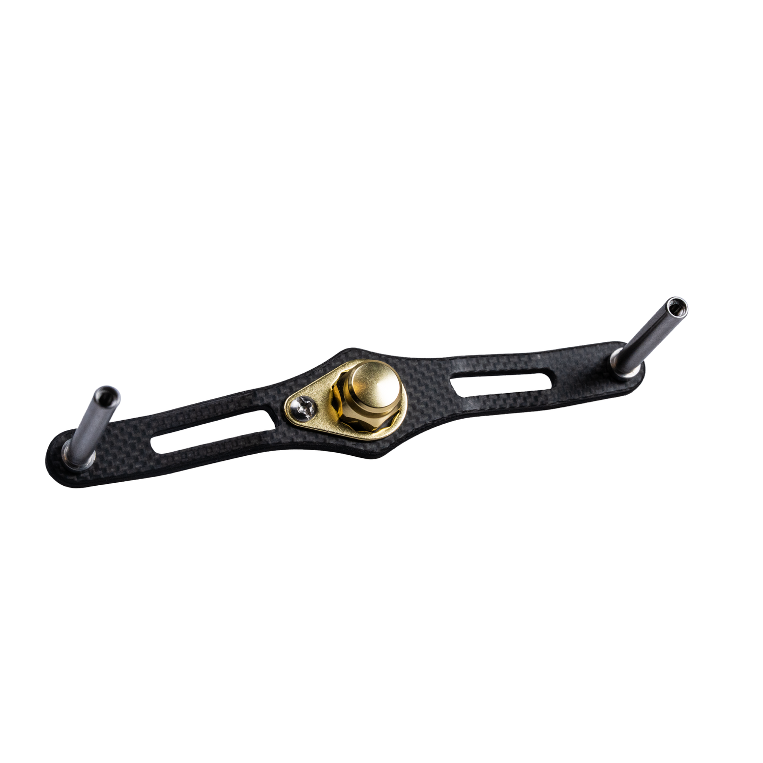 Der RL-TNG EGL 95 Carbon Handle von RL-TNG ist eine goldene, rechteckige Baitcaster-Kurbel mit parallelen Schlitzen, einem zentralen goldenen Knopf, der durch eine silberne Schraube befestigt ist, und Metallstangen an jedem Ende – hier vor einem weißen Hintergrund dargestellt.