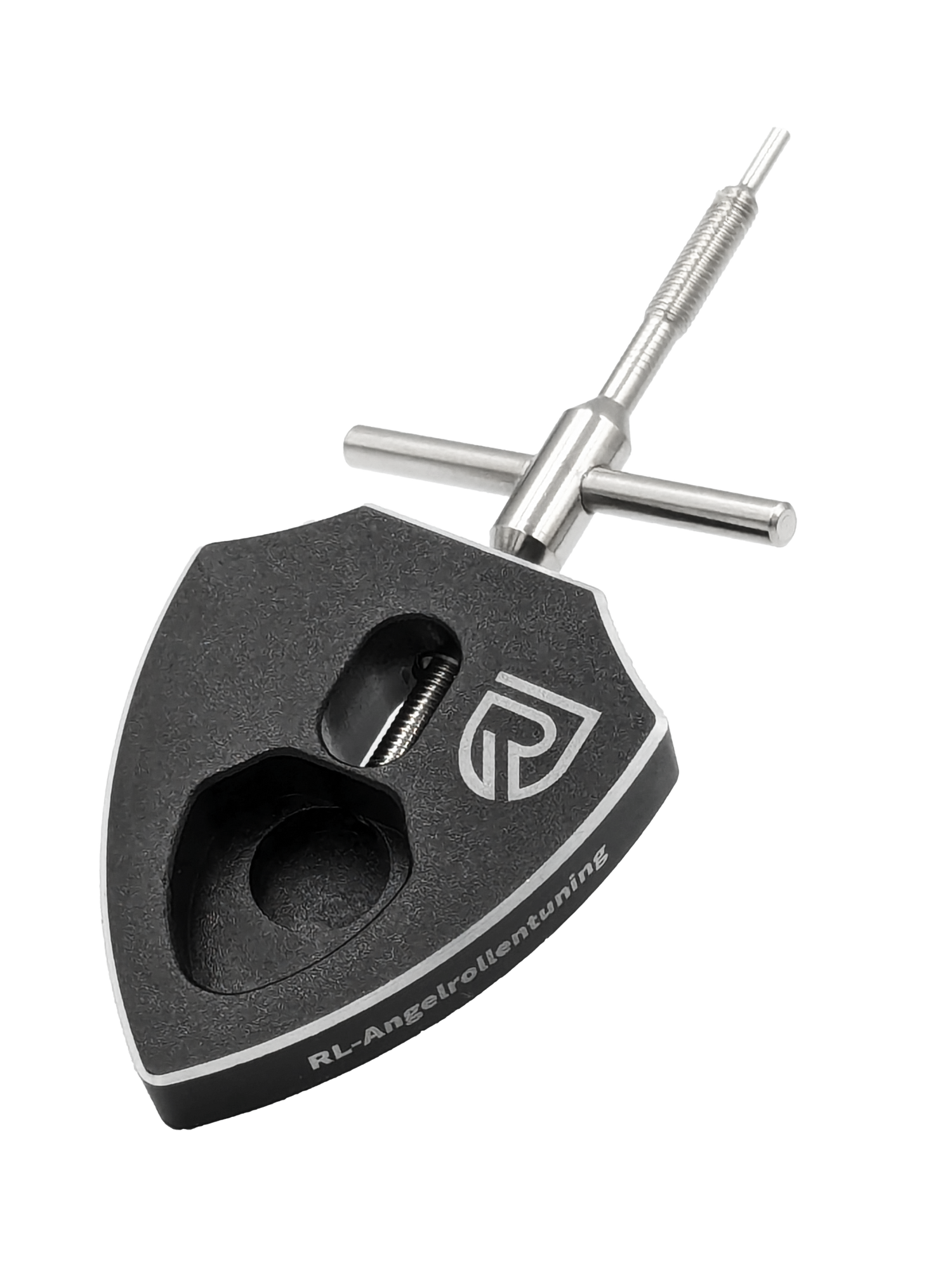 Der RL-TNG Spool Bearing Pin Remover mit Kreuzschlüssel von RL-Angelrollentuning ist ein robustes Werkzeug in Schwarz-Silber mit großem Cutout, Gravurlogo und Schraubmechanismus – perfekt für Angelrollen Tuning und Baitcaster Reparatur.