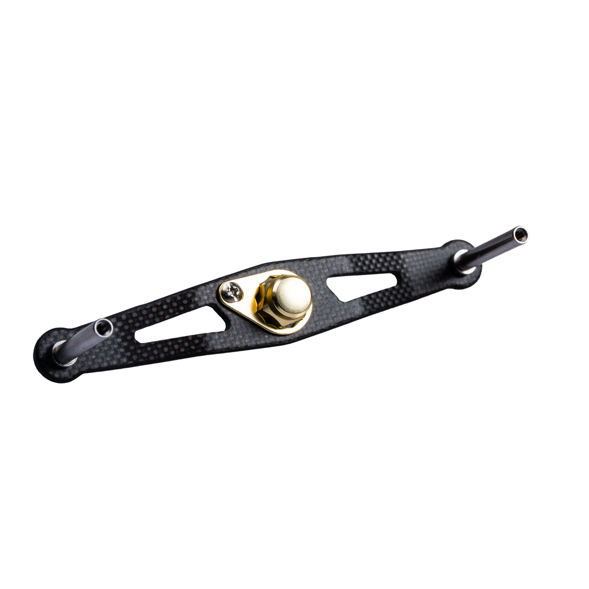Ein goldener RL-TNG TGR 95 Carbon Handle | Baitcaster-Kurbel von RL-TNG mit zwei zylindrischen Metallenden und einer zentralen Goldkomponente ist ultraleicht und isoliert auf weißem Hintergrund abgebildet.