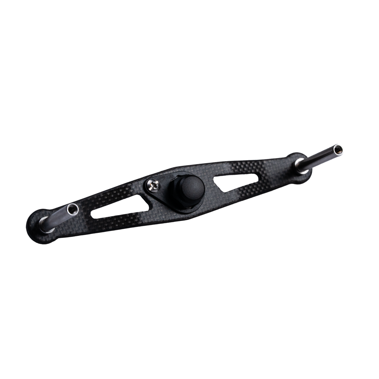 Eine schwarze RL-TNG TGR 95 Carbon Handle | Baitcaster-Kurbel mit zentralem Drehpunkt und zwei Metallstangen an den Enden, fotografiert vor weißem Hintergrund. Diese ultraleichte RL-TNG-Komponente ist in Vollcarbon-Ausführung gefertigt.