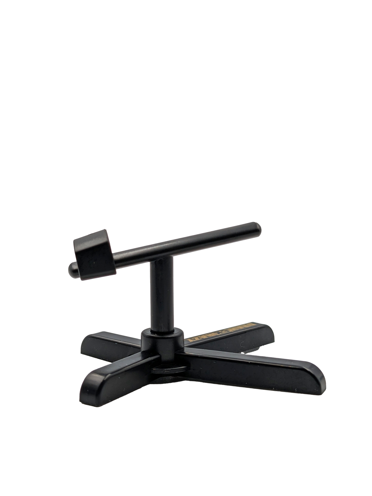 Der RL-Angelrollentuning Röllenständer DK | Reel Stand ist ein schwarzer, verstellbarer Tischständer mit beschwertem Fuß und kurzer Montagestange, abgebildet auf schlichtem weißem Hintergrund. Er dient gleichzeitig als Angelrollenständer.