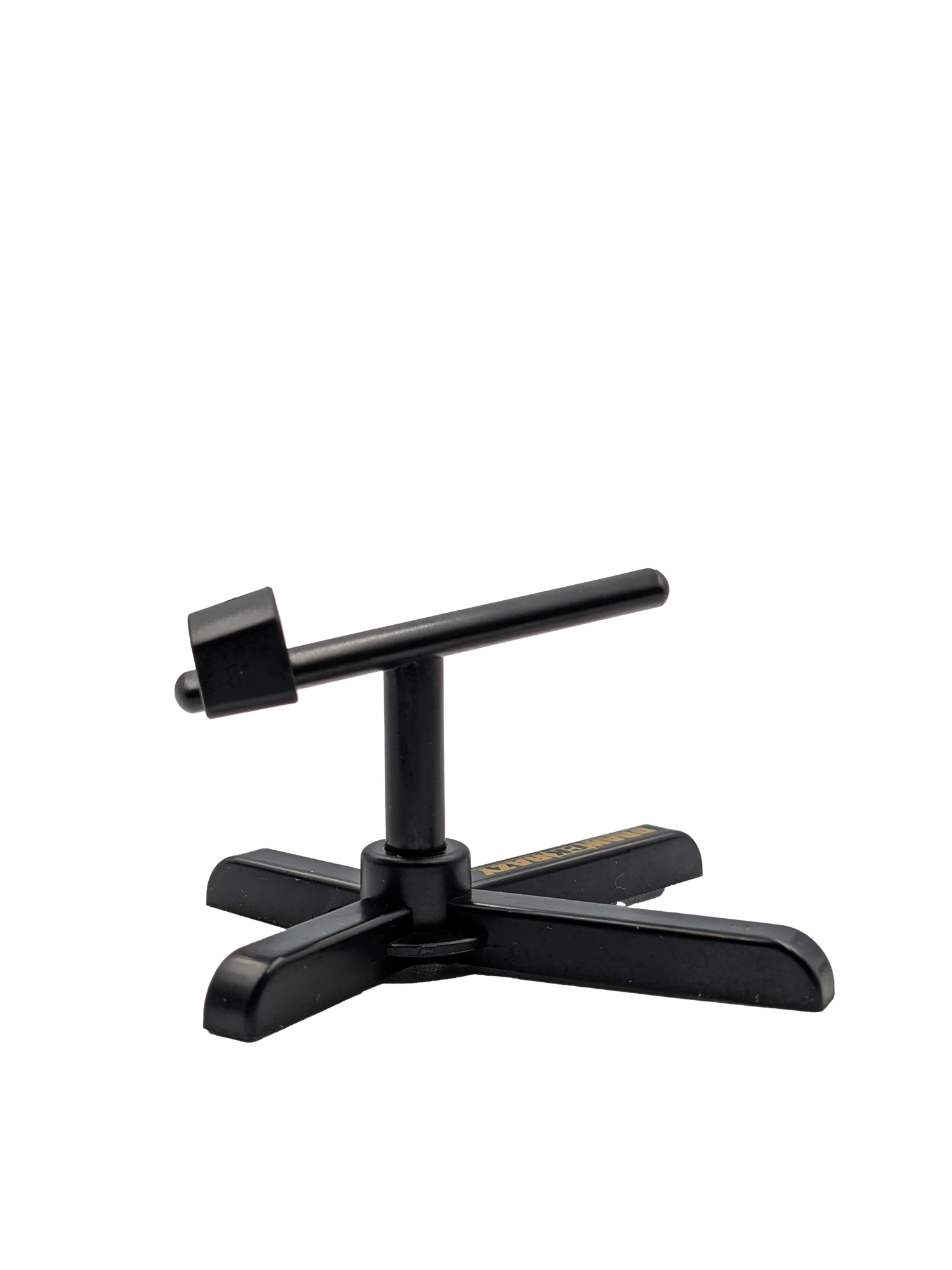 Der RL-Angelrollentuning Röllenständer DK | Reel Stand ist ein schwarzer, verstellbarer Tischständer mit beschwertem Fuß und kurzer Montagestange, abgebildet auf schlichtem weißem Hintergrund. Er dient gleichzeitig als Angelrollenständer.