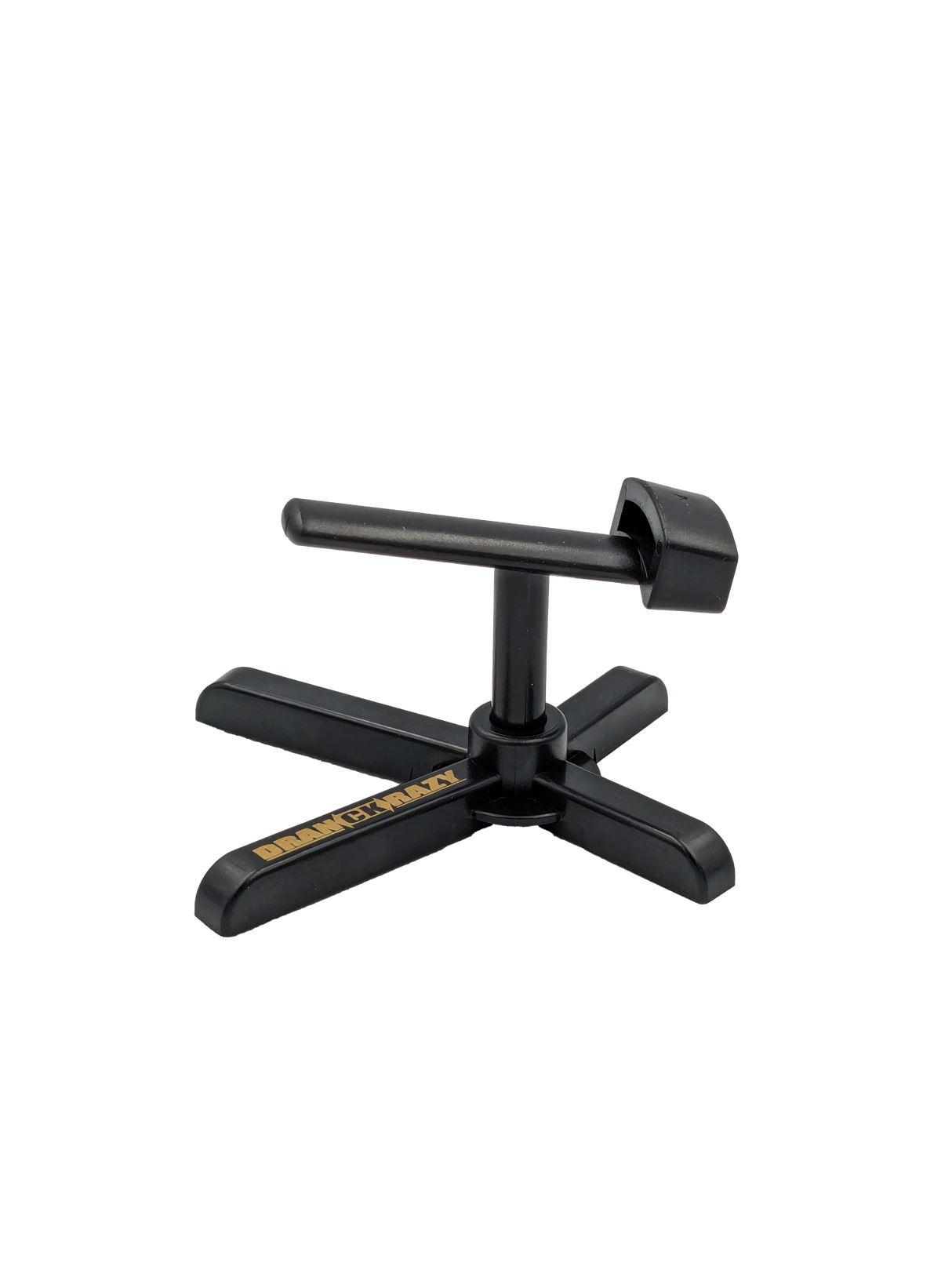 Der Röllenständer DK | Reel Stand von RL-Angelrollentuning ist ein schwarzer, kreuzförmiger Organizer aus Kunststoff mit zentralem Drehmechanismus und QUICKPLAY in Gelb – perfekt für Ihre Baitcasterrolle.