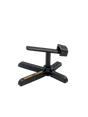 Der Röllenständer DK | Reel Stand von RL-Angelrollentuning ist ein schwarzer, kreuzförmiger Organizer aus Kunststoff mit zentralem Drehmechanismus und QUICKPLAY in Gelb – perfekt für Ihre Baitcasterrolle.