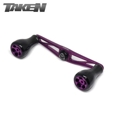 Der Taken AZ100 Griff in Lila, ein Powergriff aus Duraluminium mit H7-Knöpfen für Shimano & Daiwa, ist auf weißem Hintergrund mit dem Taken-Logo in der oberen linken Ecke abgebildet.