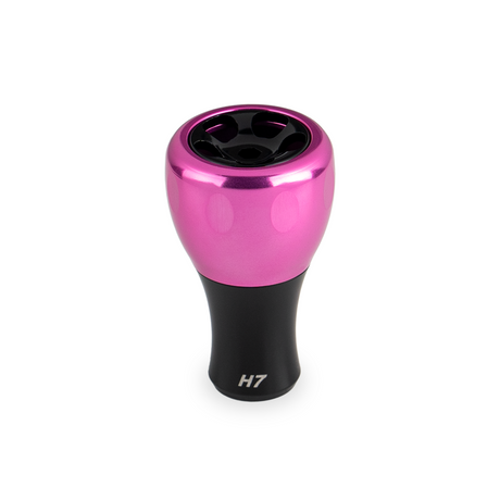 Ein rosa Aluminium Taken H7 Knopf 40mm, perfekt für die Einstellung von Baitcasting und Spinnrollen (Shimano & Daiwa), von Taken, vor einem weißen Hintergrund gezeigt.