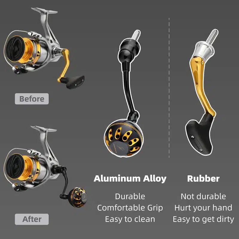 RL - Angelrollentuning - Gomexus Aluminium Handle 57 mm mit 35 mm Power Knob für Shimano Spinnrollen | Lock - Type Kurbelarm Upgrade - Gold -