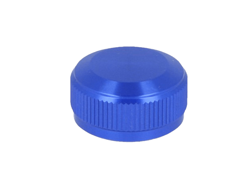 Eine blaue, runde Avail 19 SLX MGL | 20 SLX DC | 21 SLX BFS Aluminium Spool Tension Knob Cap mit strukturiertem Griff, abgebildet auf einem schlichten weißen Hintergrund.
