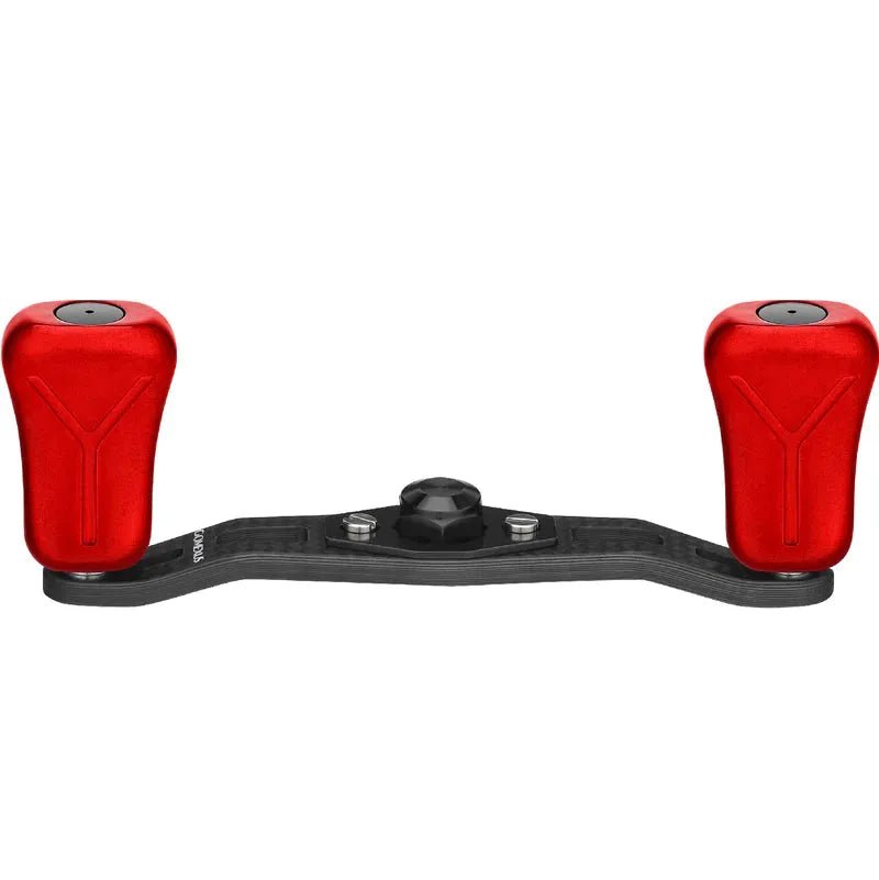 Der Gomexus 85|95 mm Carbon-Griff verfügt über zwei 21 mm große rote Verbundknöpfe (8 x 5 mm) und ist ideal für Baitcasting-Rollen oder andere Angelausrüstung.