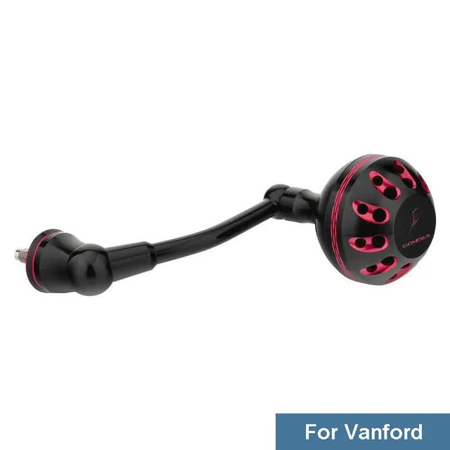 Ein Gomexus Aluminium-Griff für Shimano Vanford in Schwarz und Rot mit gebogenem Griffarm und Power Knob ist auf weißem Hintergrund abgebildet. Unten rechts steht „Für Shimano Vanford“.