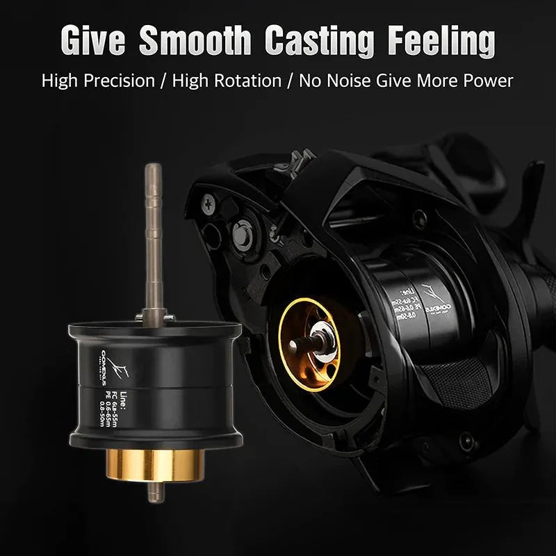 Eine Nahaufnahme der Gomexus Aluminiumspule für Daiwa Tatula TW 80 zeigt ihr hochwertiges Design mit separater Spule, das sanftes Werfen, hohe Präzision, schnelle Rotation und geringe Geräuschentwicklung hervorhebt – Premium-Technik von Gomexus.