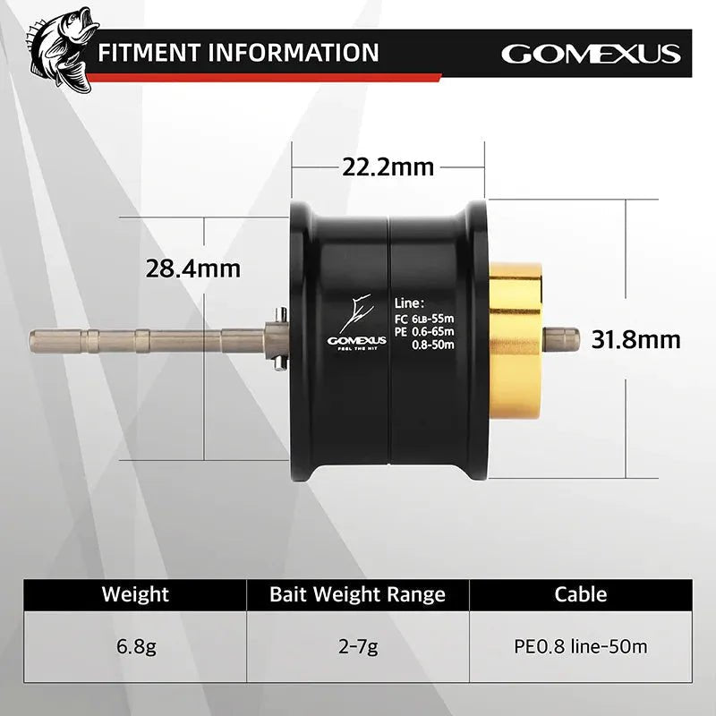 Die Gomexus-Aluminiumspule für Daiwa Tatula TW 80 hat eine Breite von 22,2 mm, eine Höhe von 28,4 mm und einen Golddurchmesser von 31,8 mm, wiegt 6,8 g, unterstützt Ködergewichte von 2–7 g und passt für PE0.8-Schnüre bis zu 50 m.