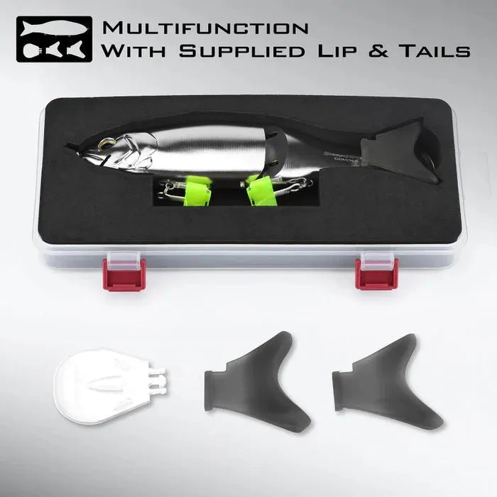 Der Gomexus Cyberbait 240 von Gomexus ist ein segmentierter Swimbait-Köder mit zwei Drillingen, präsentiert in einer schwarzen Schaumstoffhülle mit roten Verschlüssen. CNC-gefräst, besteht er aus drei austauschbaren Teilen: einer weißen Lippe und zwei schwarzen Schwänzen. Multifunktional mit mitgelieferter Lippe und Schwänzen.