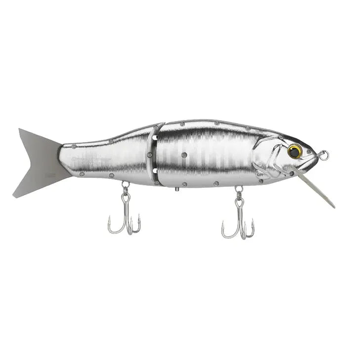 Der Gomexus Cyberbait 240 von Gomexus ist ein silberner, fischförmiger, gegliederter Swimbait mit segmentiertem Körper, gelbem und schwarzem Auge, durchsichtiger Kunststofflippe und zwei Drillingshaken darunter.