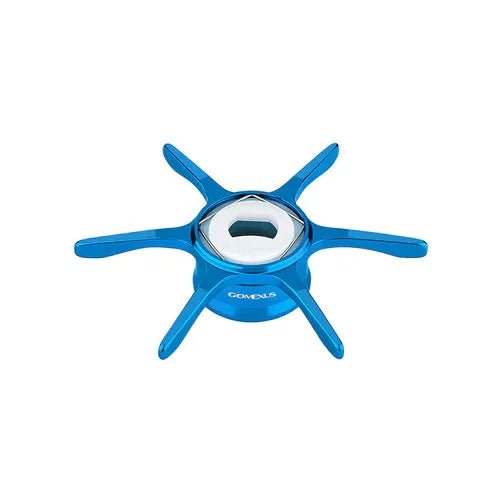 Ein blauer Gomexus Sternbremse 60 mm | Shimano Stativständer aus Metall mit einem silbernen Zentrum und "GONEBUS" auf der Seite, entworfen, um Ihre Shimano Baitcastrolle zu ergänzen. Fotografiert auf einem weißen Hintergrund.