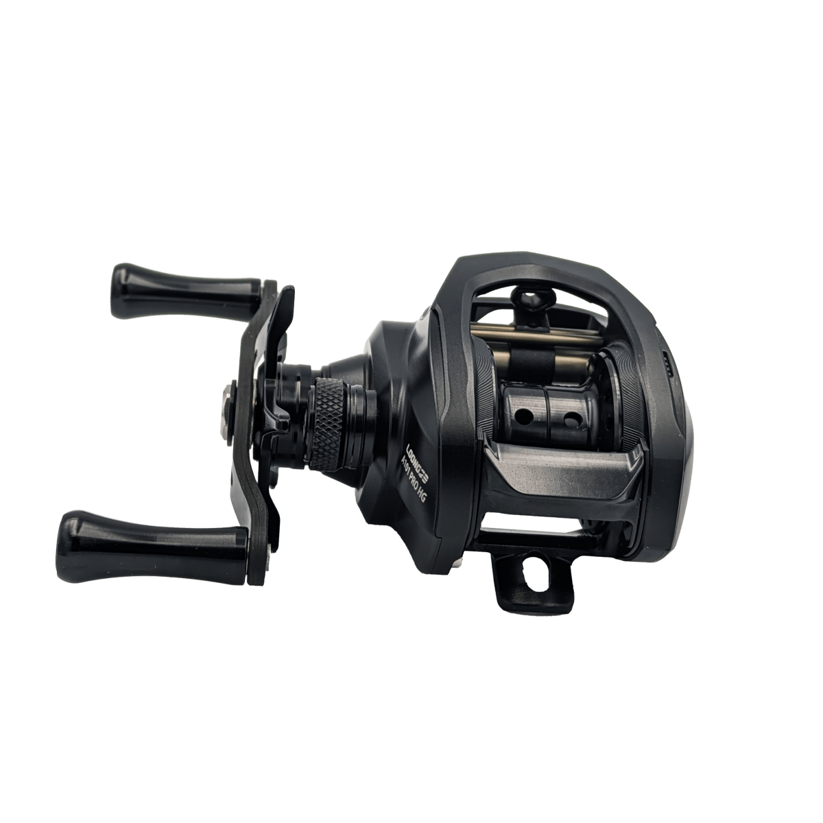 Eine schwarze Loongze Airlite - A100 Air DBC Baitcasting-Rolle mit zwei Griffen, Spule und Einstellknöpfen mit elektromagnetischer Bremssteuerung, dargestellt vor einem weißen Hintergrund.