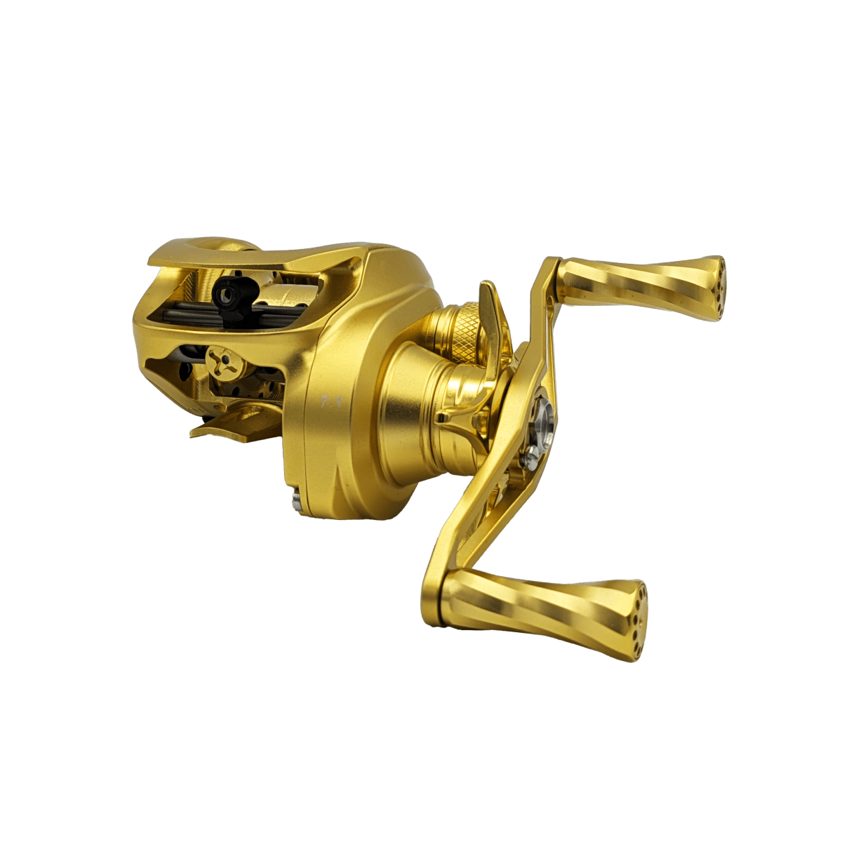 Die Loongze Airlite - A100 Air DBC von Loongze ist eine goldene Angelrolle mit doppeltem Griff, sichtbaren Zahnrädern und elektromagnetischer Bremssteuerung. Ihr fein bearbeitetes Metalldesign und die detaillierten Komponenten heben sich von einem schwarzen Hintergrund ab.