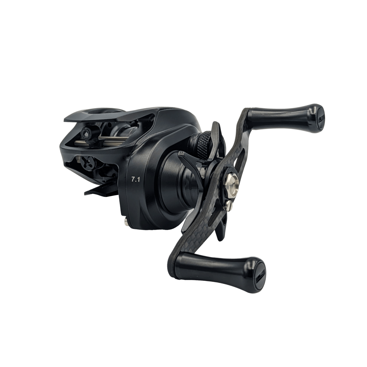 Eine schwarze Loongze Airlite - A100 Air DBC Baitcasting-Rolle mit zwei Griffen, 7,1-Gang-Kennzeichnung und elektromagnetischer Bremskontrolle ist auf weißem Hintergrund abgebildet.