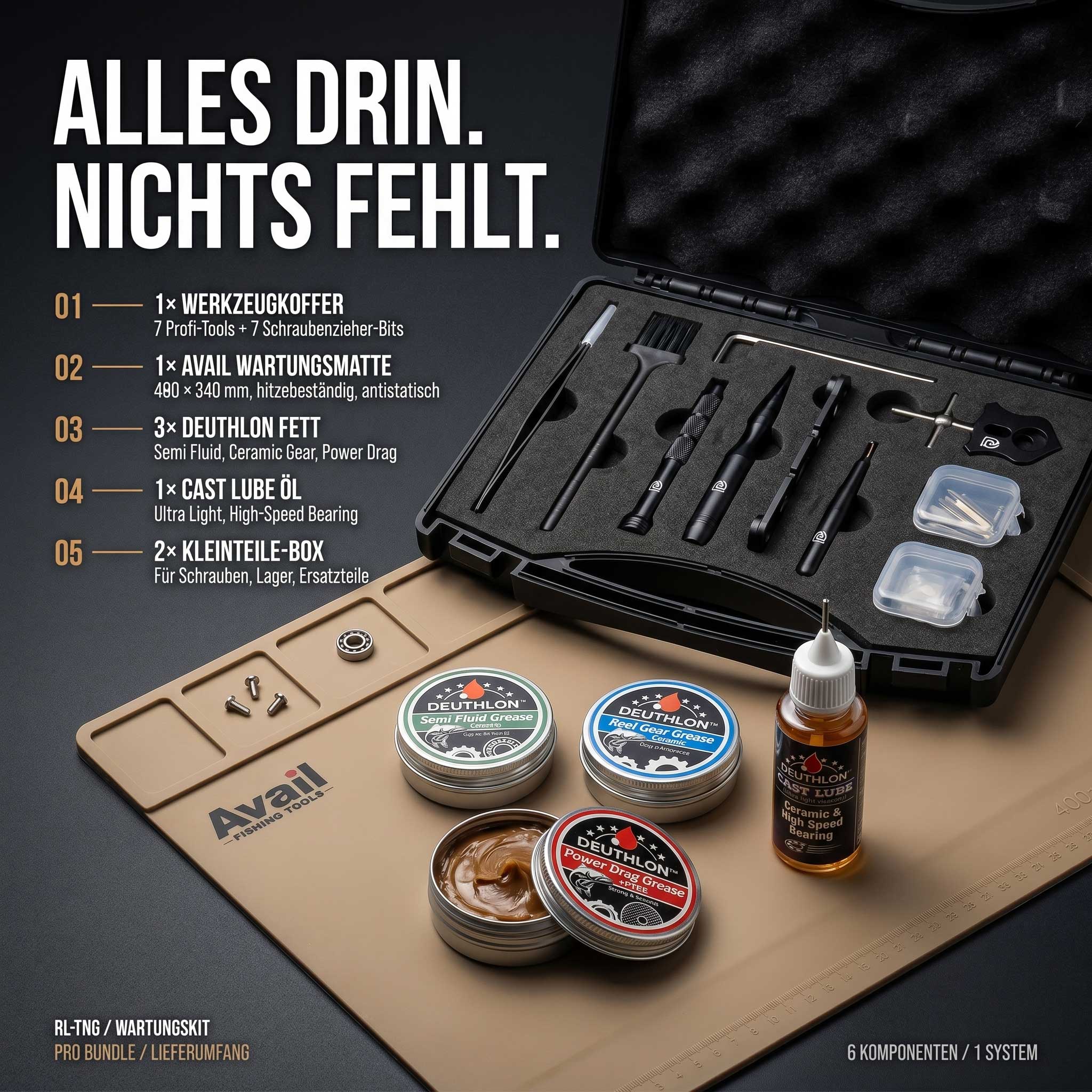 Angelrollen Wartungskit Pro Bundle – Werkzeug Öl Fett Matte –  RL-Angelrollentuning