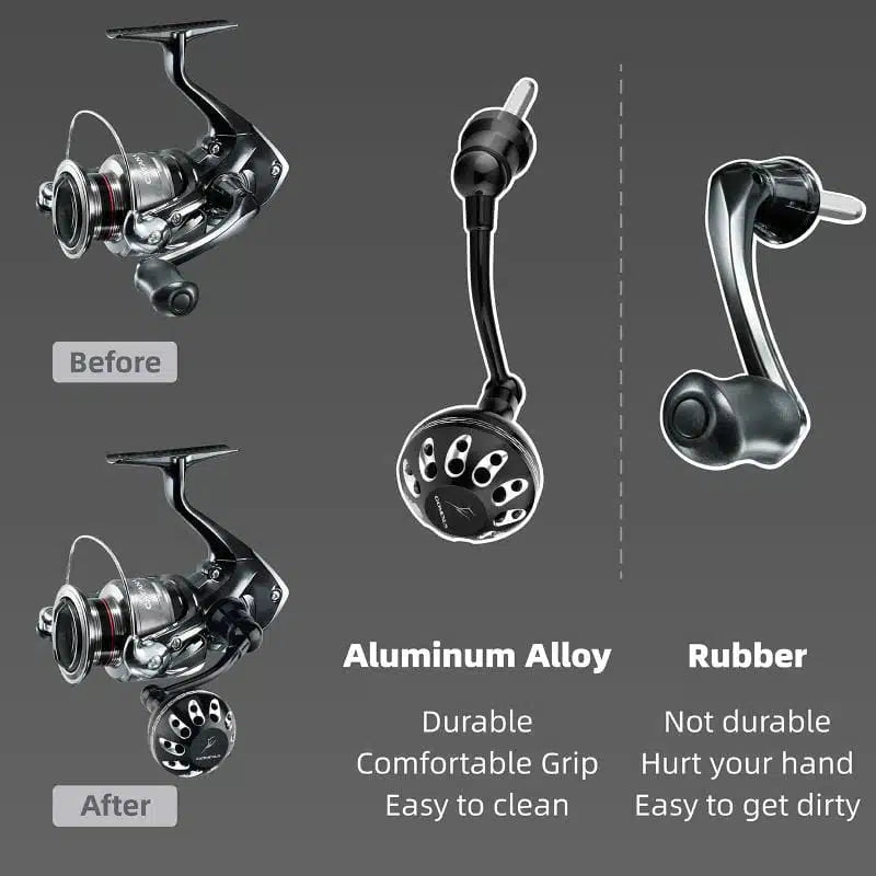 RL - Angelrollentuning - Gomexus Aluminium Handle 57 mm mit 35 mm Power Knob für Shimano Spinnrollen | Lock - Type Kurbelarm Upgrade - Silber -