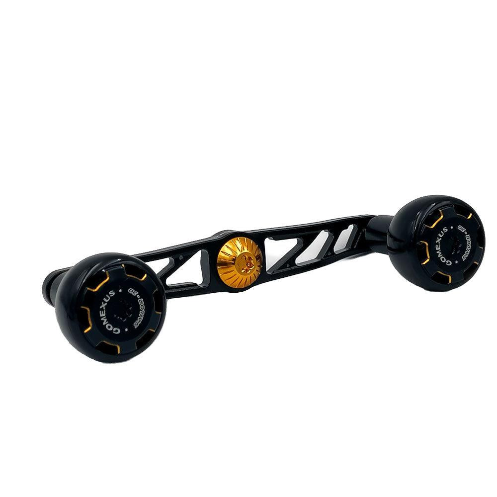 Auf weißem Hintergrund ist ein Gomexus Crank 110 mm Griff mit 30 mm Sailor Power Knobs (8 x 5 mm) in Schwarz und Gold mit leichtem Open-Frame-Design und zwei runden Griffen abgebildet.