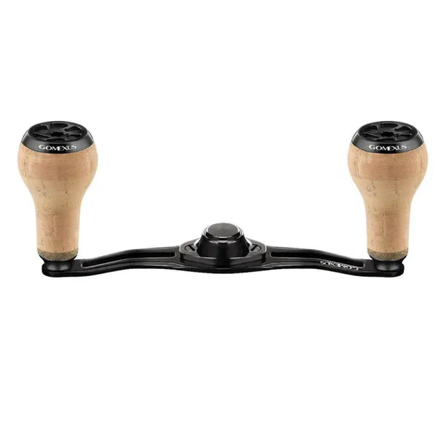 Der Gomexus Kage Titanium-Griff mit 27 mm großen Naturkorkknöpfen (7 x 4 mm) verfügt über zwei helle Korkgriffe mit der Aufschrift „Gomexus“, die auf einer schwarzen Metallbasis montiert sind – abgebildet vor einem weißen Hintergrund.
